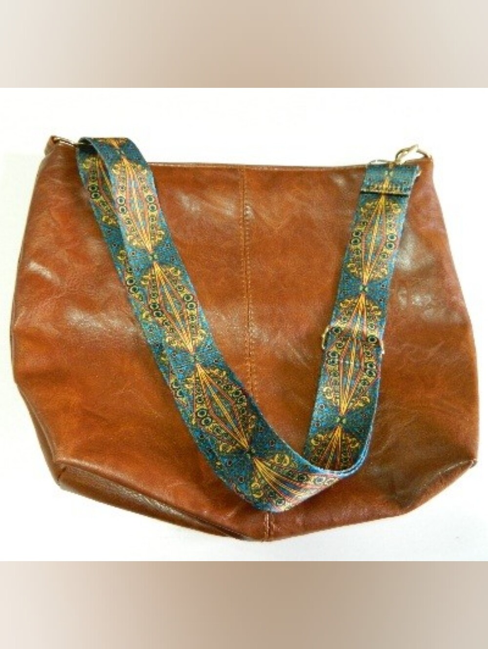 Brown Faux Leather Crossbody Bag with Patterned Adjustable Strap
